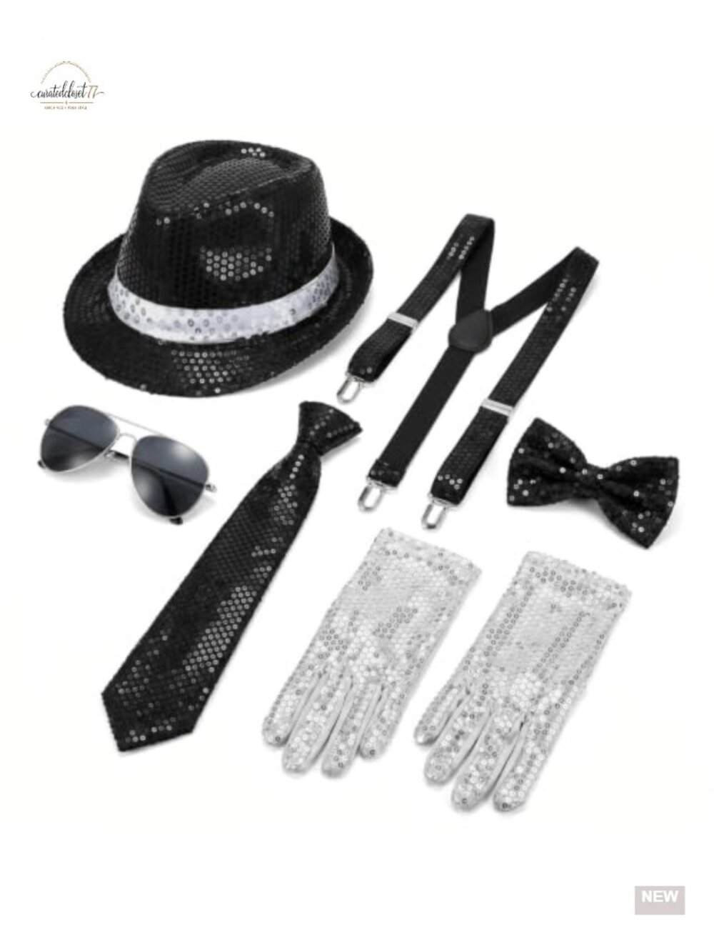 70s Disco Costume Set with Fedora, Suspenders, Tie, Bow Ties, Gloves,